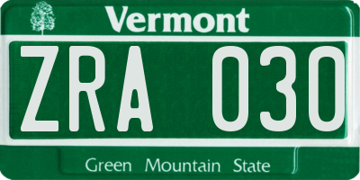 VT license plate ZRA030