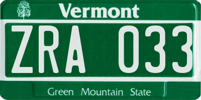 VT license plate ZRA033