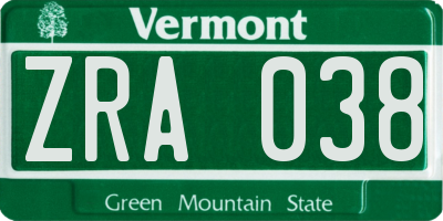 VT license plate ZRA038