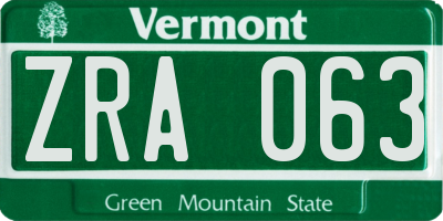VT license plate ZRA063