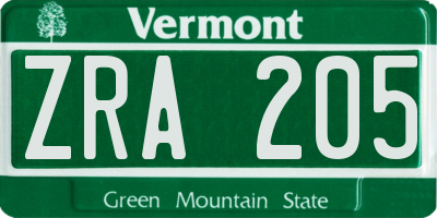 VT license plate ZRA205