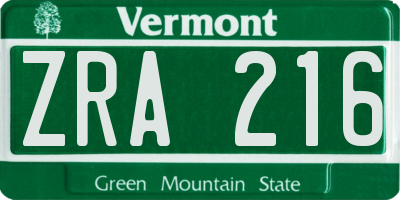 VT license plate ZRA216