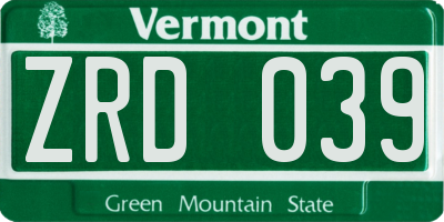 VT license plate ZRD039