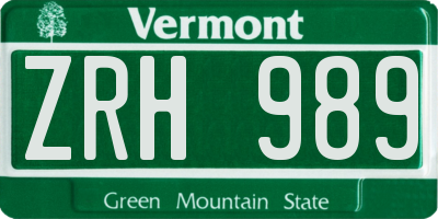 VT license plate ZRH989