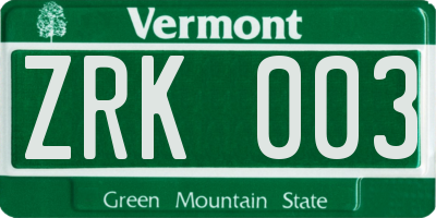 VT license plate ZRK003