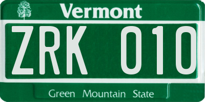 VT license plate ZRK010