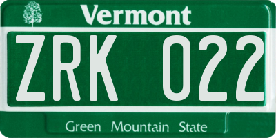 VT license plate ZRK022