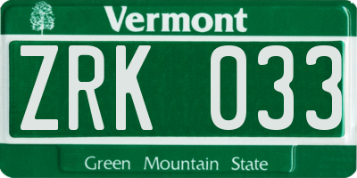 VT license plate ZRK033