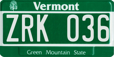 VT license plate ZRK036