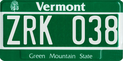 VT license plate ZRK038