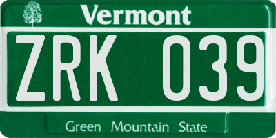 VT license plate ZRK039