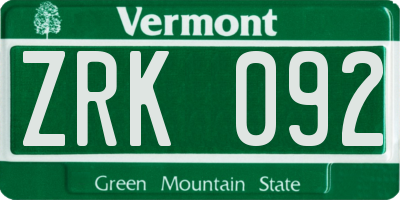 VT license plate ZRK092