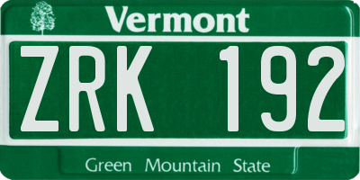 VT license plate ZRK192
