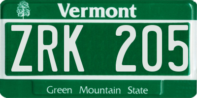 VT license plate ZRK205