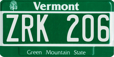 VT license plate ZRK206