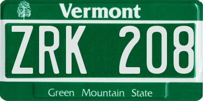 VT license plate ZRK208