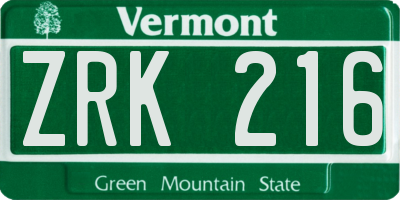 VT license plate ZRK216