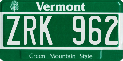 VT license plate ZRK962