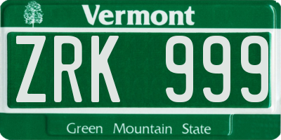 VT license plate ZRK999