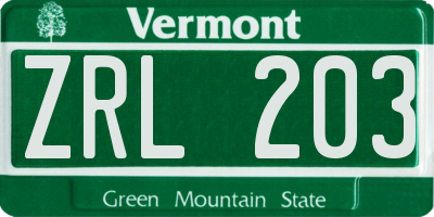 VT license plate ZRL203