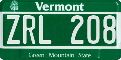 VT license plate ZRL208
