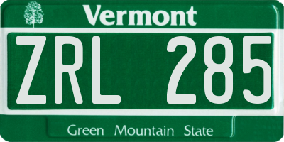 VT license plate ZRL285