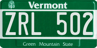 VT license plate ZRL502