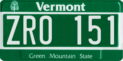 VT license plate ZRO151