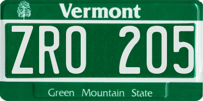 VT license plate ZRO205