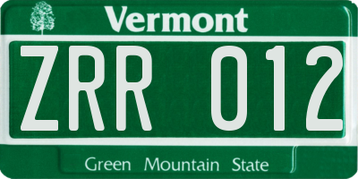 VT license plate ZRR012