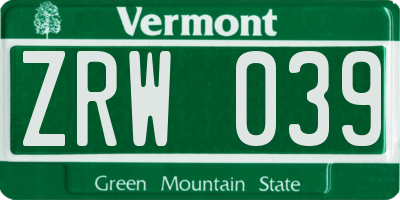 VT license plate ZRW039
