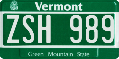 VT license plate ZSH989