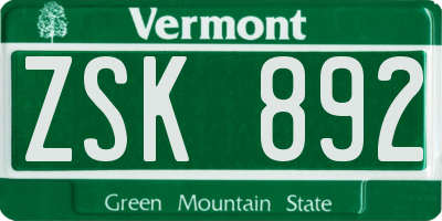 VT license plate ZSK892