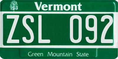 VT license plate ZSL092