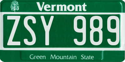 VT license plate ZSY989