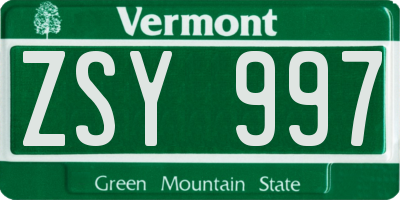 VT license plate ZSY997