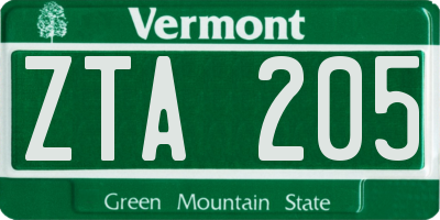 VT license plate ZTA205