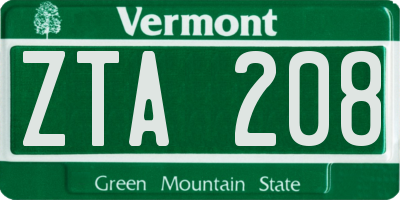 VT license plate ZTA208