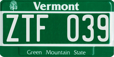 VT license plate ZTF039