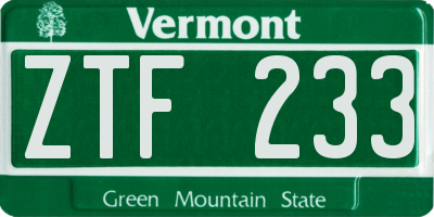 VT license plate ZTF233