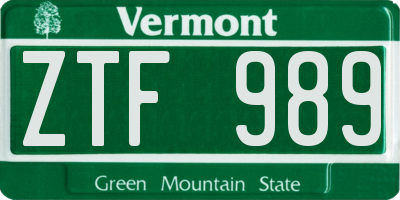 VT license plate ZTF989