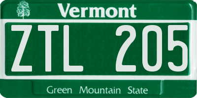 VT license plate ZTL205