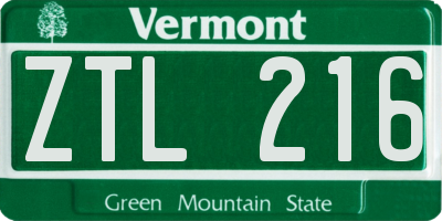 VT license plate ZTL216