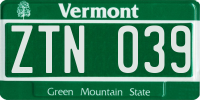 VT license plate ZTN039