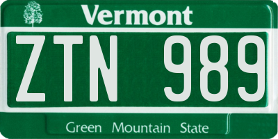 VT license plate ZTN989