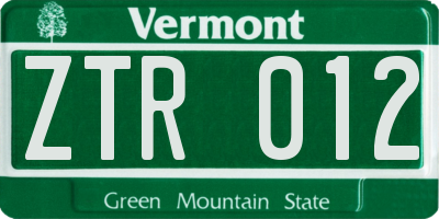 VT license plate ZTR012