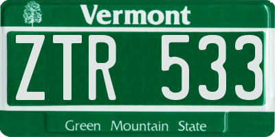 VT license plate ZTR533