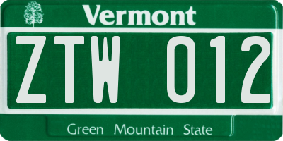 VT license plate ZTW012