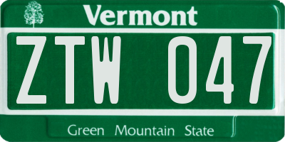 VT license plate ZTW047