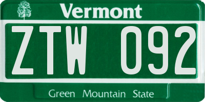 VT license plate ZTW092